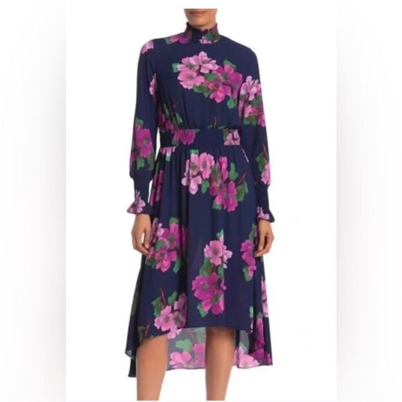 nanette Lepore Navy & Fuchsia Floral Cinched Midi Dress 10 Flowy NWT - Picture 1 of 16